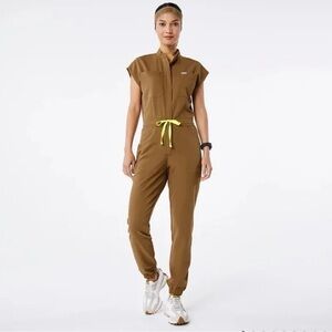 Figs Women's Tan Jumpsuit with Yellow Accents